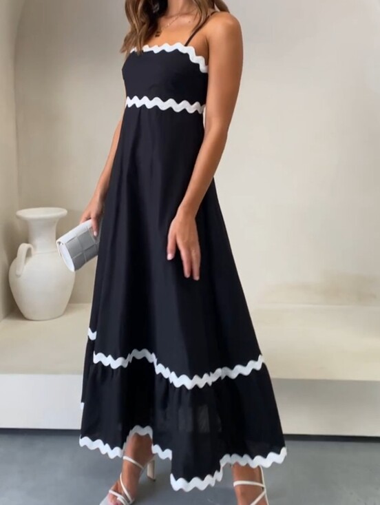 Petal & Pup Dresses & Skirts - Petal & Pup Black Cotton Maxi Sun Dress with White Ric Rac Trim Spaghetti Straps